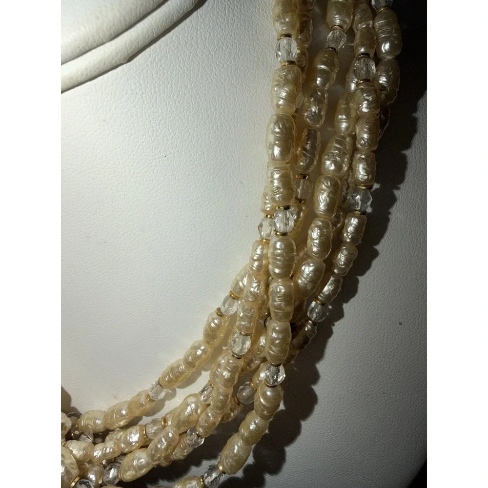 Vintage 6 Strand Pearl Pendant Necklace Gold Tone Clasp Rhinestones 17